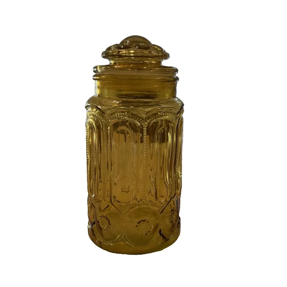 Vintage Golden Amber Glass Canister Cookie Jar Gothic Arch Apothecary 11